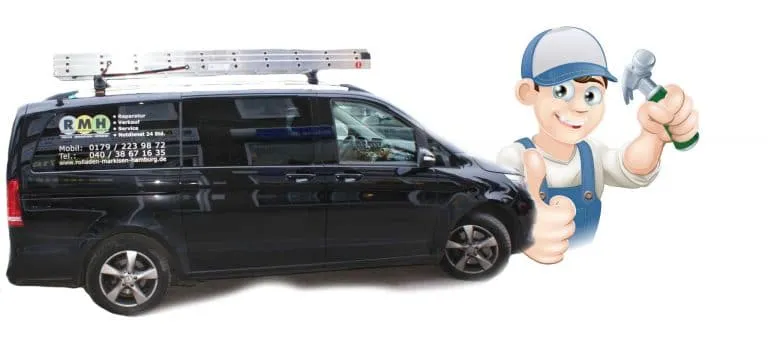 Ein Lieferwagen mit Firmenlogo neben dem illustrierten Maskottchen eines Klempners mit einem Schraubenschlüssel, geparkt in Ahrensburg.